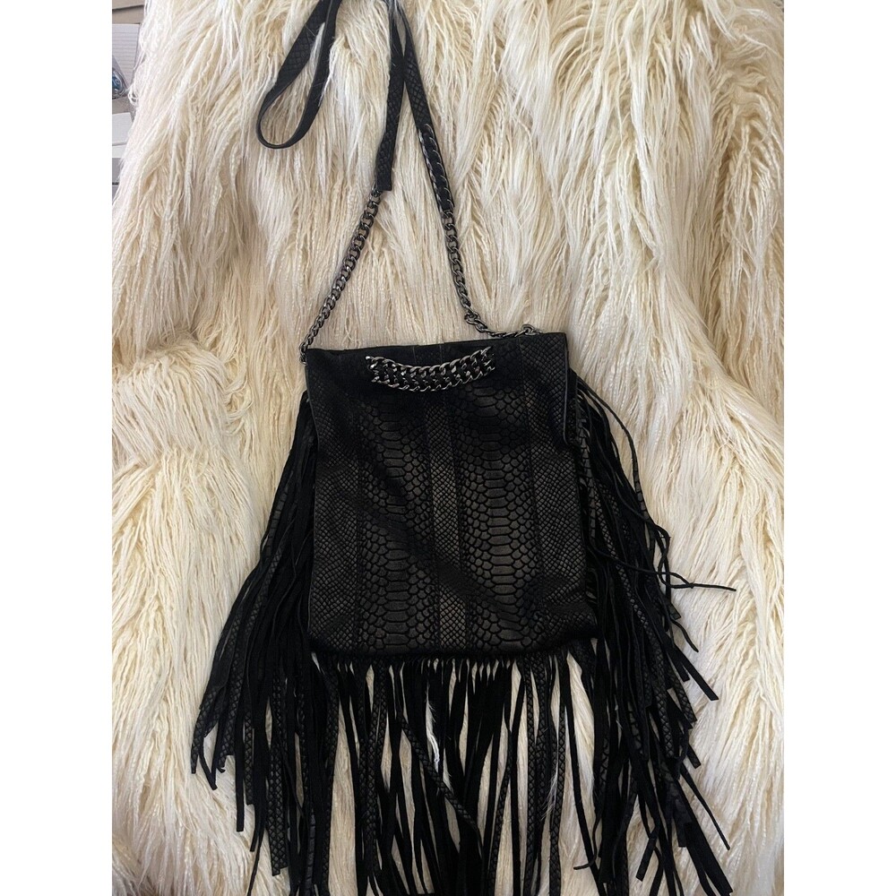 RAMY BROOKE Black Leather Fringe Crossbody Bag Boho Tassel